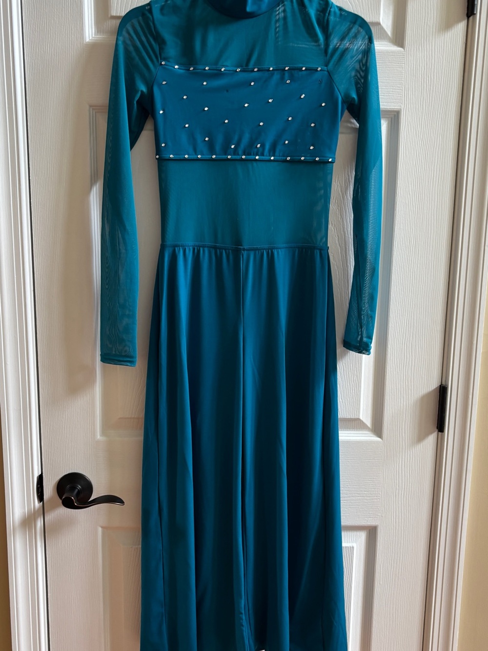 balera Teal Long-Sleeve Dance Jumpsuit with Rhinestone Bodice